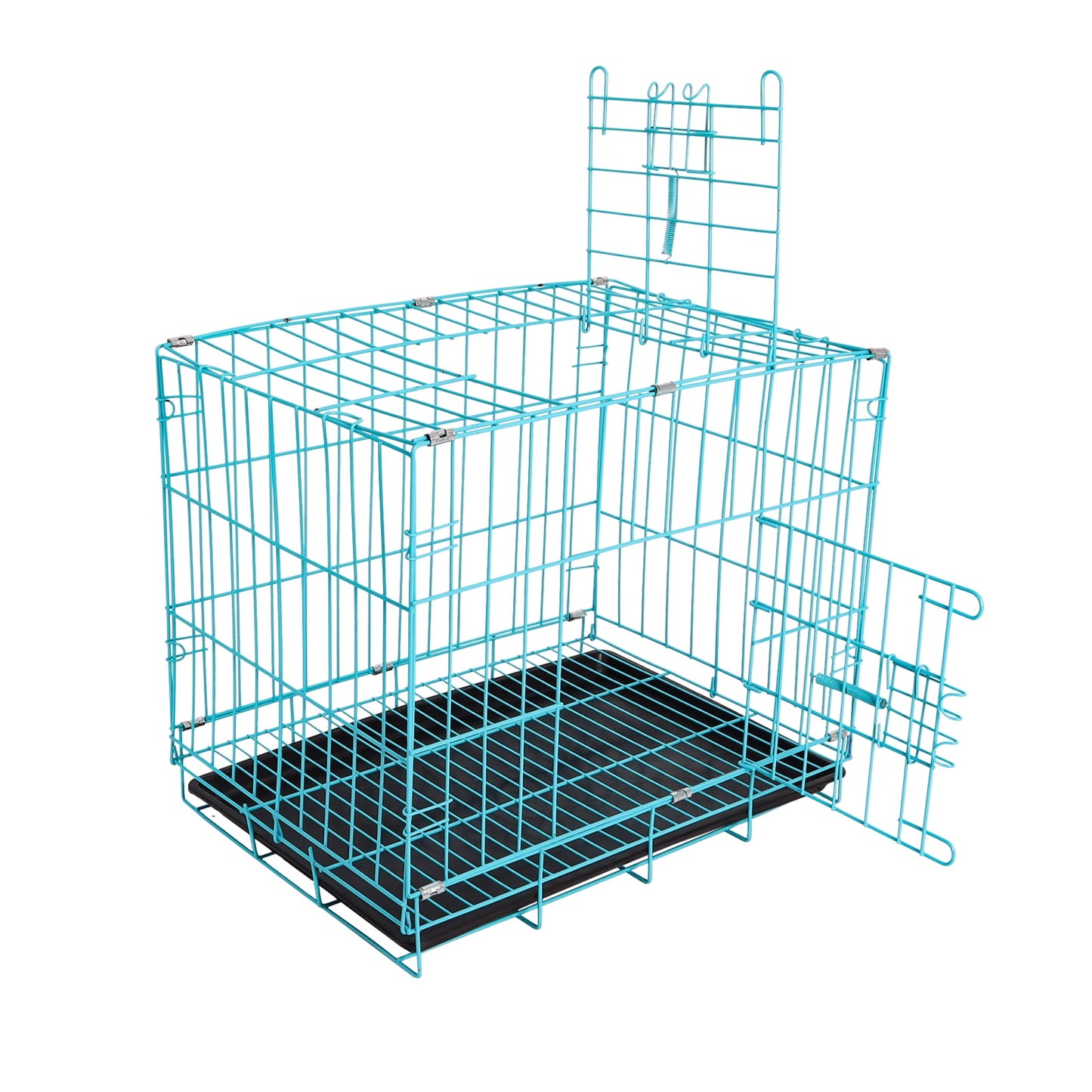 Double Door Foldable Metal Dog Crate with Removable Tray for Small Dog, 19.7"×15.6"×15.7", Blue