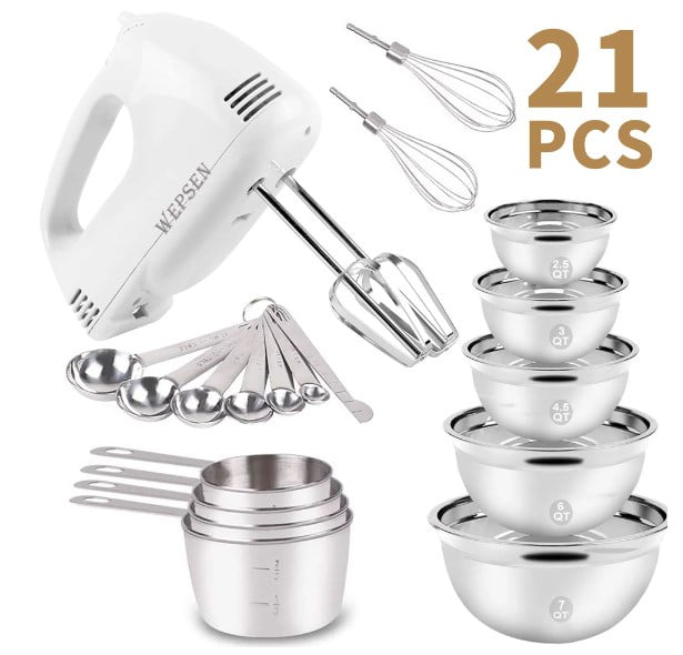 Electric Hand Mixer Mixing Bowls Set, Upgrade 5-Speeds Mixers with Stainless Steel Mixing Bowl, Measuring Cups and Spoons