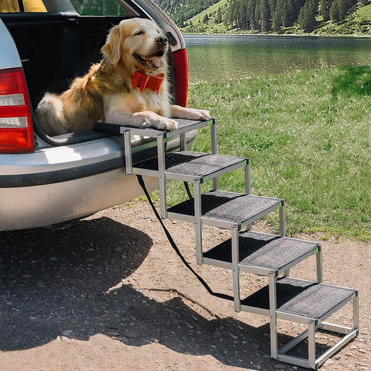 Foldable Dog Step Stairs for Car,Supports to 150lbs for Large Dogs,Lightweight Aluminum Dog Steps with Nonslip Surface for Cars,SUV and Trucks,5 Steps