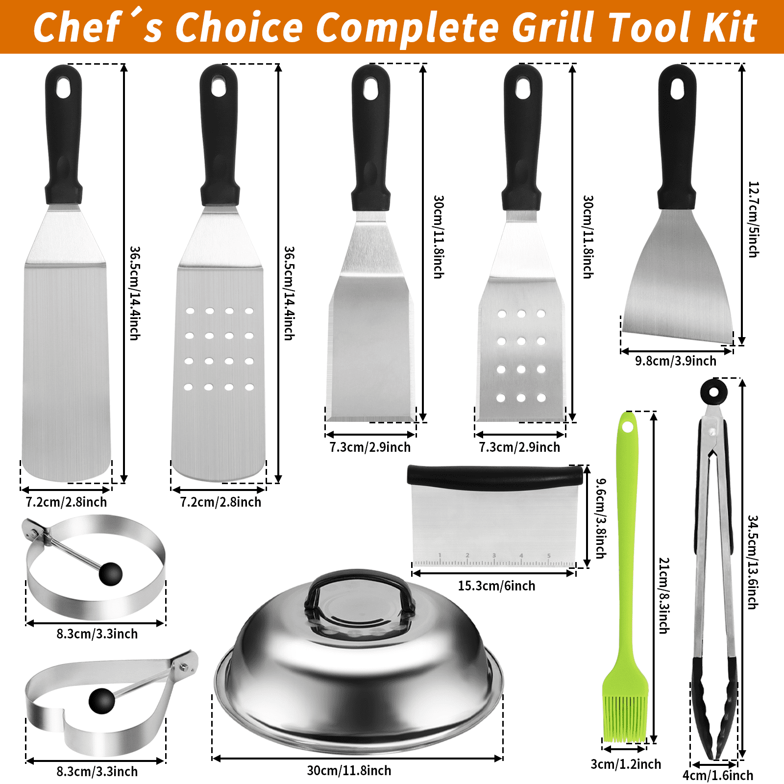 15PCS Griddle Accessories Kit for Blackstone and Camp Chef, Stainless Steel Flat Top Grill Accessory Set, Grill Spatula Set for Outdoor Barbecue