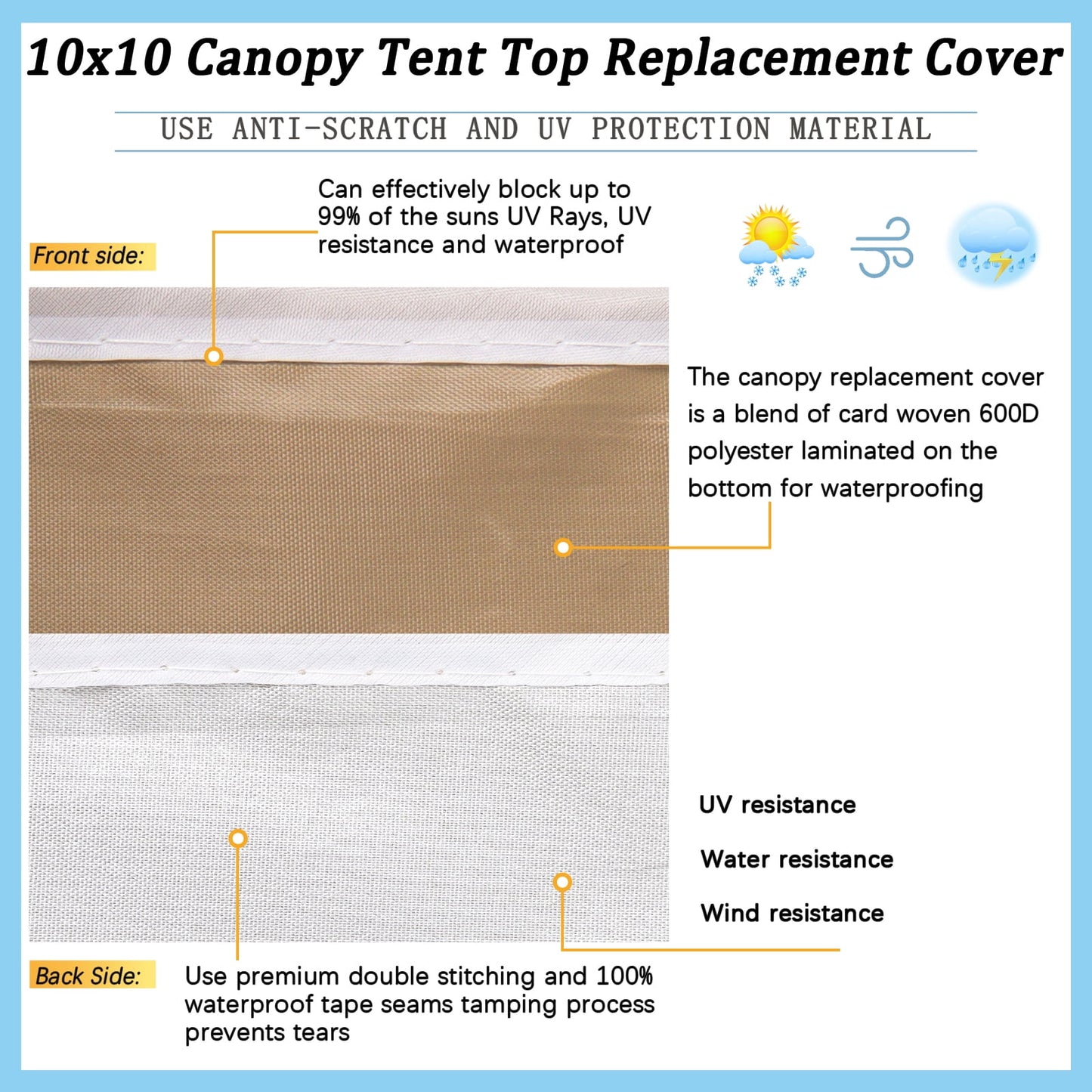 10x10ft Canopy Tent Top Replacement Cover with Bonus 4 Pack Canopy Weight Bags