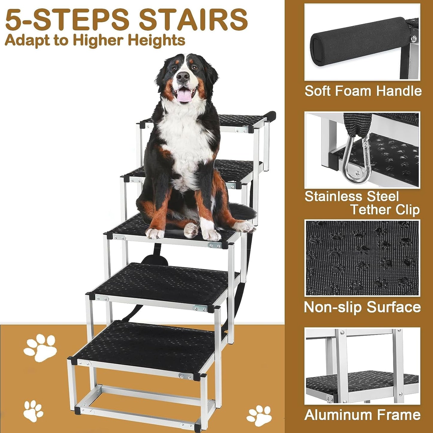 Foldable Dog Step Stairs for Car,Supports to 150lbs for Large Dogs,Lightweight Aluminum Dog Steps with Nonslip Surface for Cars,SUV and Trucks,5 Steps