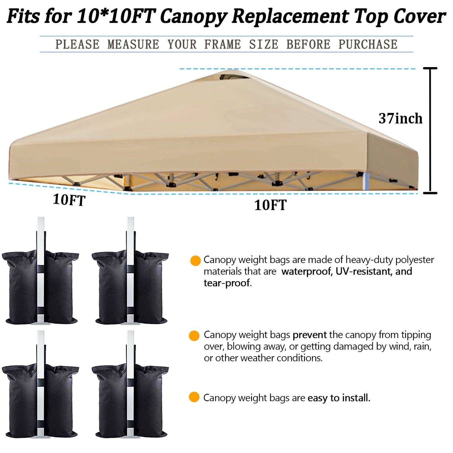 10x10ft Canopy Tent Top Replacement Cover with Bonus 4 Pack Canopy Weight Bags