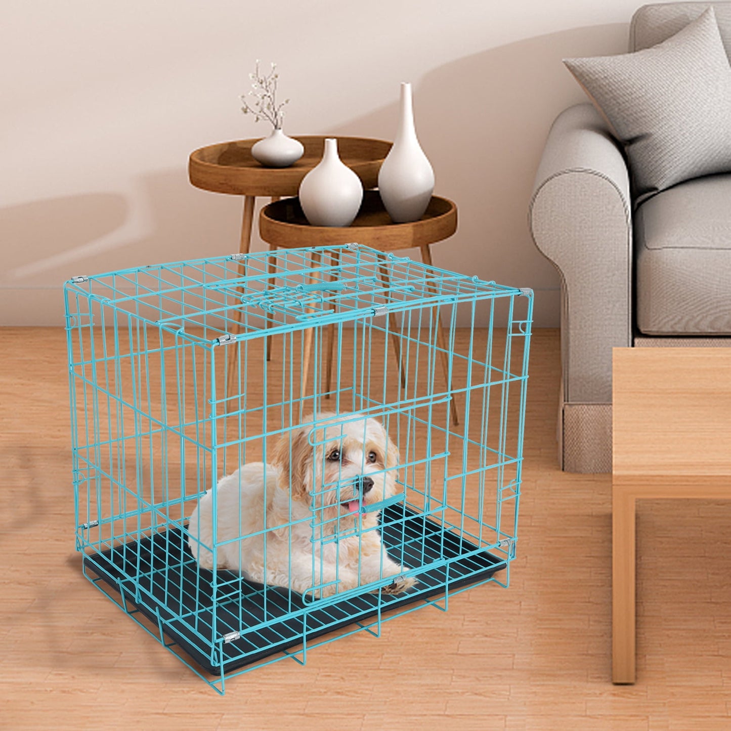 Double Door Foldable Metal Dog Crate with Removable Tray for Small Dog, 19.7"×15.6"×15.7", Blue