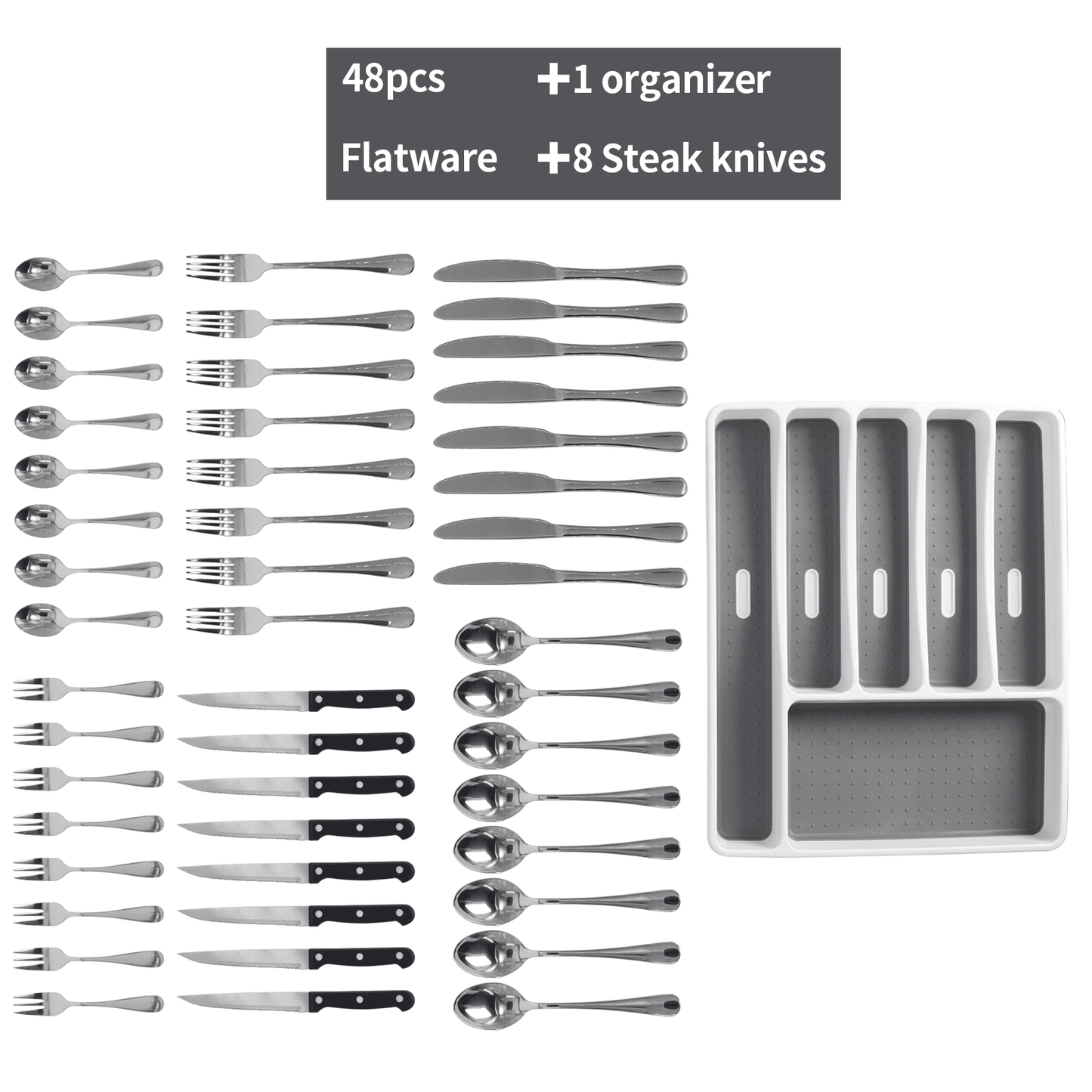 49-Piece Silver Flatware Set with Steak Knives and Dinner Forks - Perfect for kitchens, Picnics, Weddings, and Parties,Dishwasher safe