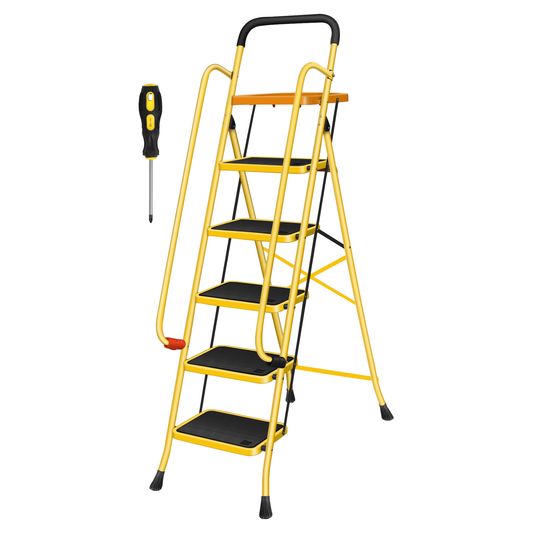 5-Step Folding Ladder with Handrail, Tool Box & Load Capacity of 330lbs - Perfect for Home and Industrial Use，Yellow