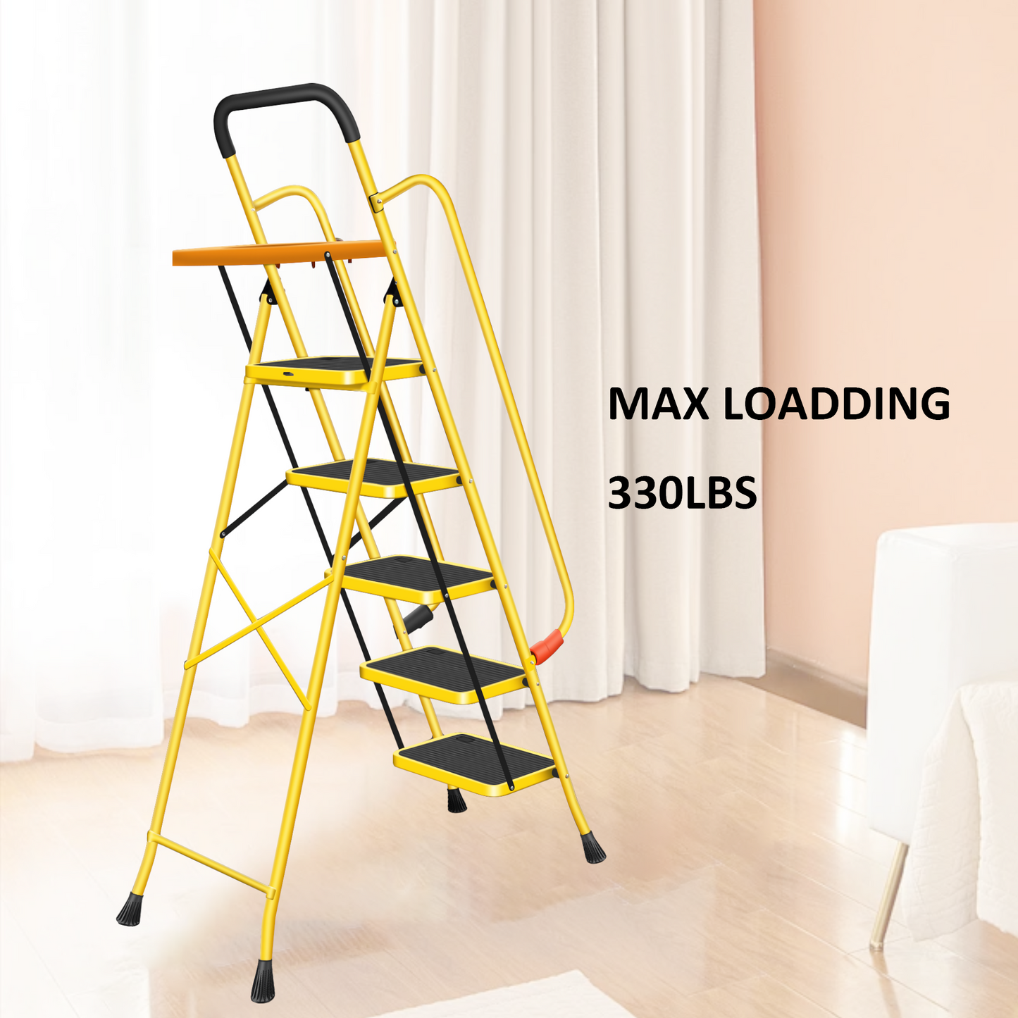 5-Step Folding Ladder with Handrail, Tool Box & Load Capacity of 330lbs - Perfect for Home and Industrial Use，Yellow