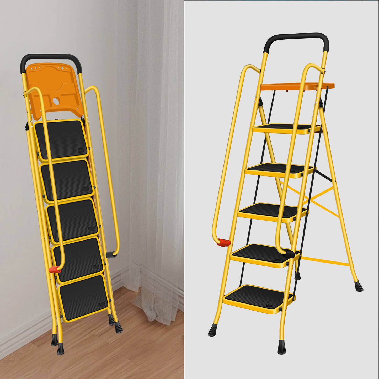 5-Step Folding Ladder with Handrail, Tool Box & Load Capacity of 330lbs - Perfect for Home and Industrial Use，Yellow