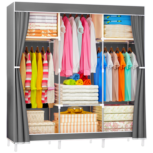 Wadoy Portable Closet Wardrobe with 6 Storage Shelves and 3 Hanging Rods, Steel Non-Woven Wardrobe, Clothes Storage Organizer, Gray