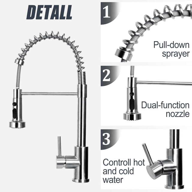 Kitchen Faucet with Pull Down Sprayer, 304 Stainless Steel Dual Function Spray head ,360-Degree Swivel Spring Sink Faucets for Farmhouse Camper Utility Laundry RV Bar