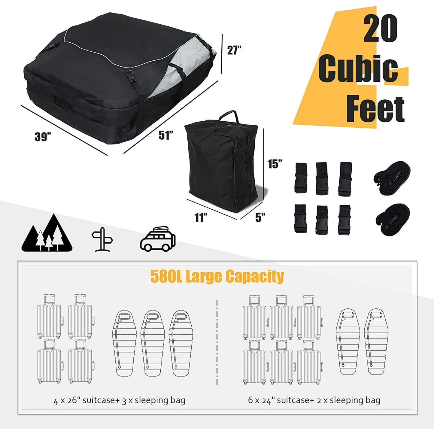 Car Roof Bag, Waterproof 20 Cubic Feet Cargo Carrier for Car, Van, SUV,Black