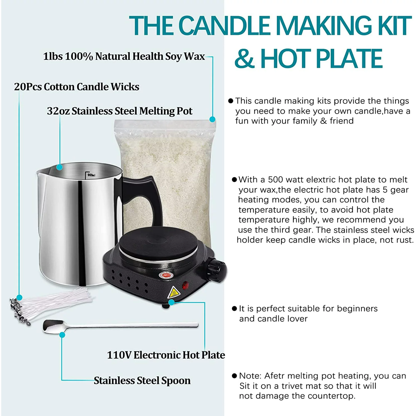 Complete DIY Candle Making Kit Supplies for Adults and Kids,1 lb. Soy Wax ,2 Fragrance Oil,Melting Pot for 5 gear heating modes,Stain Spoon,Cotton Wicks,Candle Tin,Trivet Mat