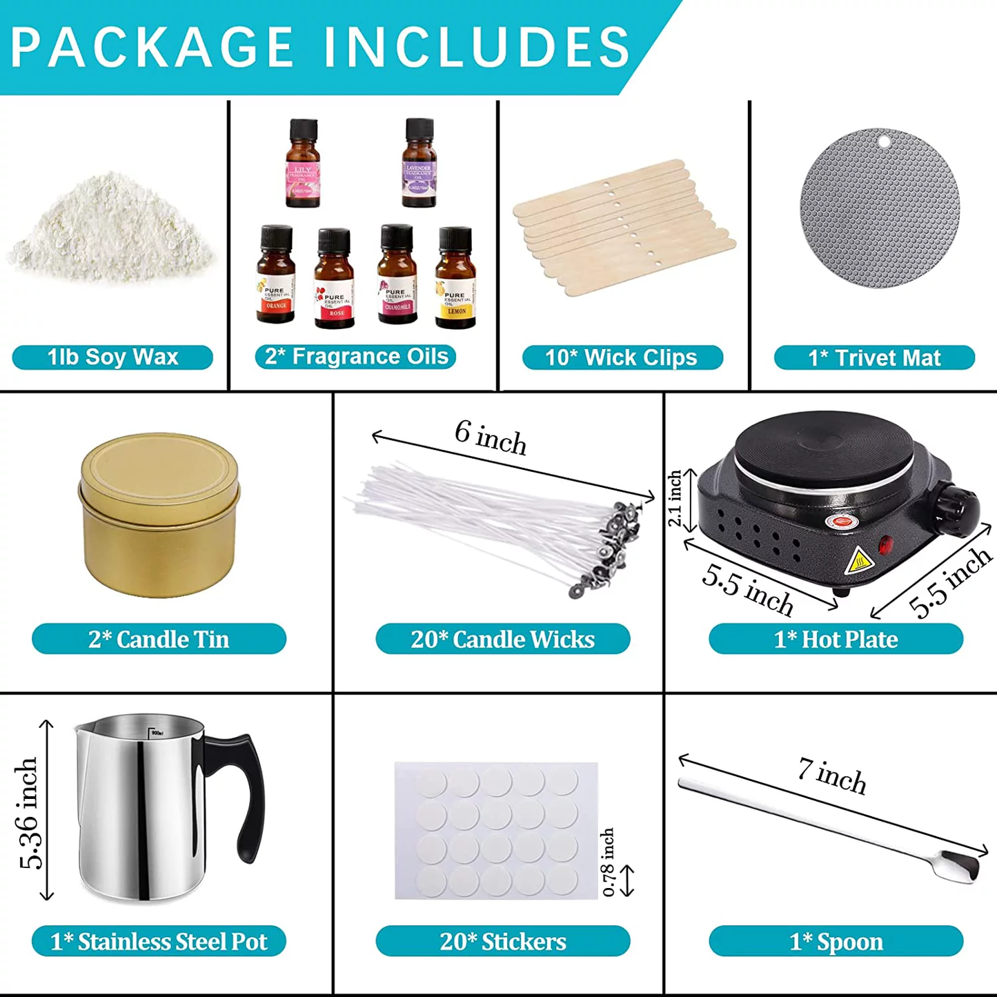 Complete DIY Candle Making Kit Supplies for Adults and Kids,1 lb. Soy Wax ,2 Fragrance Oil,Melting Pot for 5 gear heating modes,Stain Spoon,Cotton Wicks,Candle Tin,Trivet Mat