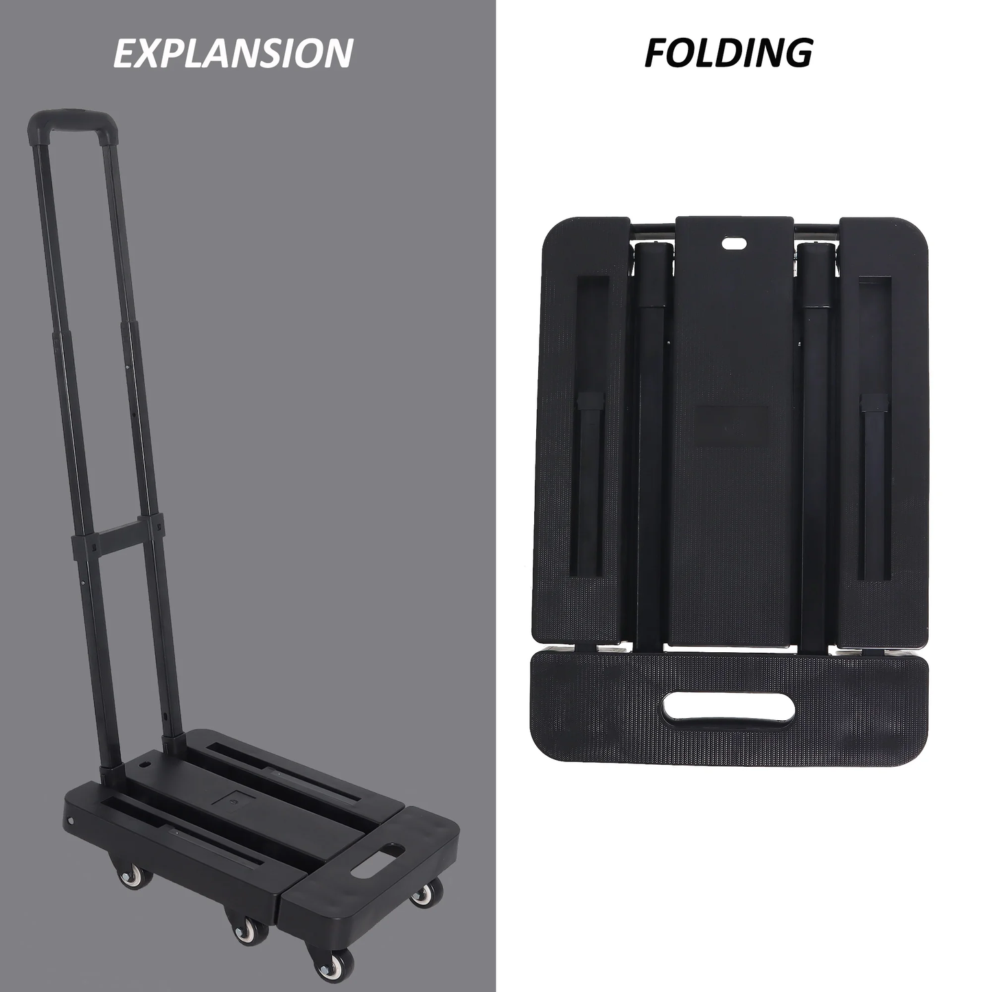 Folding Hand Truck, 500lbs Heavy Duty Dolly, Portable 6 Wheels Utility Platform Cart with 2 Elastic Ropes for Travel, Shopping, House Office, Moving Use, Black