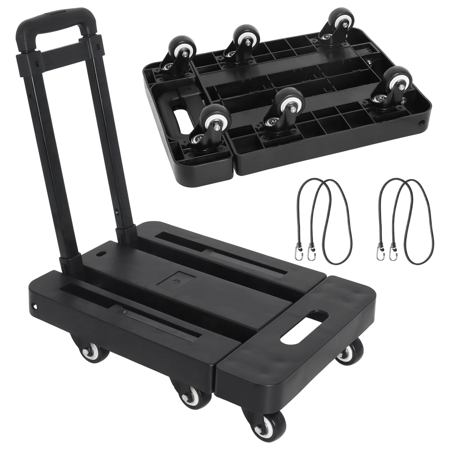 Folding Hand Truck, 500lbs Heavy Duty Dolly, Portable 6 Wheels Utility Platform Cart with 2 Elastic Ropes for Travel, Shopping, House Office, Moving Use, Black